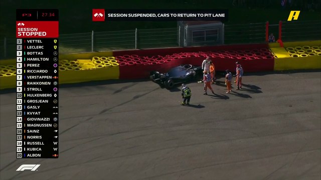 هاميلتون يخرج من سيارته بعد الحادث الكبير الذي أدى لتحطم سيارته في التجارب الحرة الثالثة ببلجيكا