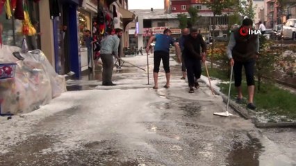 Erciş'te 15 dakikalık dolu yağışı sonrası yolları göle döndü