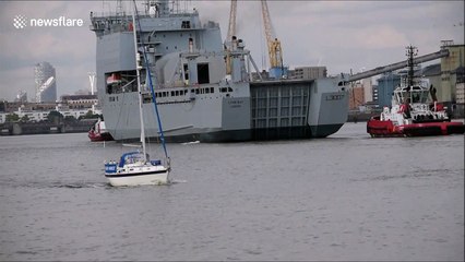 Massive RFA Lyme Bay arrives on River Thames for London International Shipping Week
