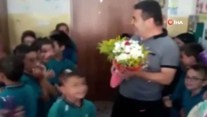 Tedavisinin ardından okula dönen öğretmenlerini konfeti ile karşıladılar