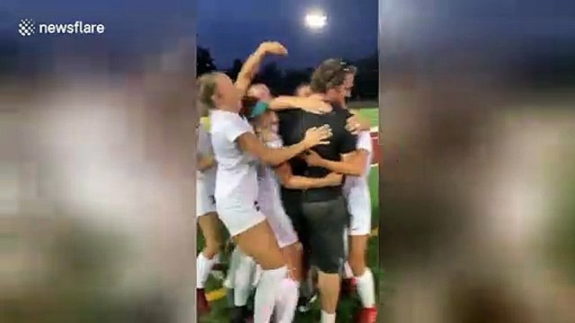 Pink card?! Hilarious moment grumpy college soccer coach fooled by genius gender reveal
