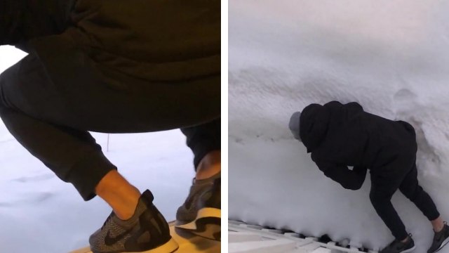 Il pense sauter du premier étage dans de la poudreuse mais c'est en réalité de la glace