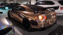 Rose Gold Chrome Nissan GT-R Loud Exhaust Pull in Parking Garage (Vinyl Wrapped)