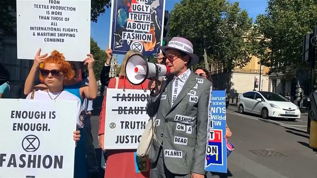 Environmental activists protest near Victoria Beckham London show