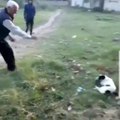 İki çocuk, yerde yatan köpeğe taş atan adama engel olmak isterken taşların hedefi oldu