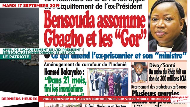 Le Titrologue du 17 Septembre 2019 : Appel de l’acquittement de l’ex président, Bensouda assomme Gbagbo et les Gor