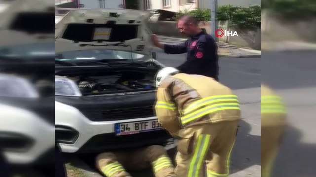 Araç motoruna sıkışan kediyi kurtarma operasyonu kamerada
