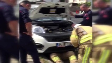 Araç motoruna sıkışan kediyi kurtarma operasyonu kamerada