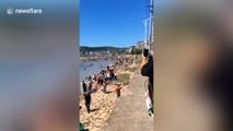 Hundreds of people catch fish leaping out of river in China's Yueqing
