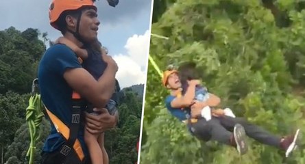 Ce papa saute à l’élastique avec sa fille dans les bras alors qu’elle n’est pas attachée