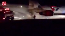Rusya'da iniş takımı alev alan uçakta 12 yolcu yaralandı