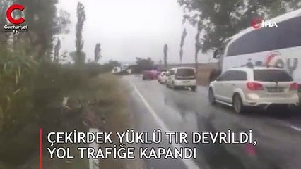 Çekirdek yüklü TIR devrildi, yol trafiğe kapandı