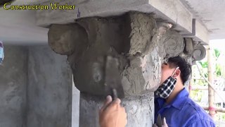 Amazing Technique Rendering Sand And Cement  On Round Concrete Column - Building Column