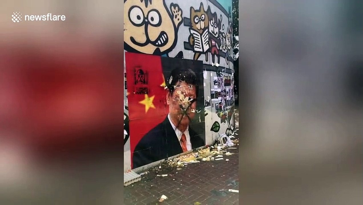Hong Kong protesters THROW EGGS at portrait of Chinese President Xi Jinping