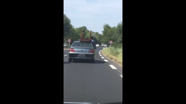 Ils transportent une table non attachée sur le toit d'une voiture en pleine autoroute