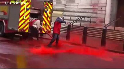 Download Video: Londra: ambientalisti spruzzano vernice rossa sul Ministero delle Finanze