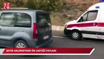 Seyir halindeyken ön lastiği patlayan araç bu hale geldi