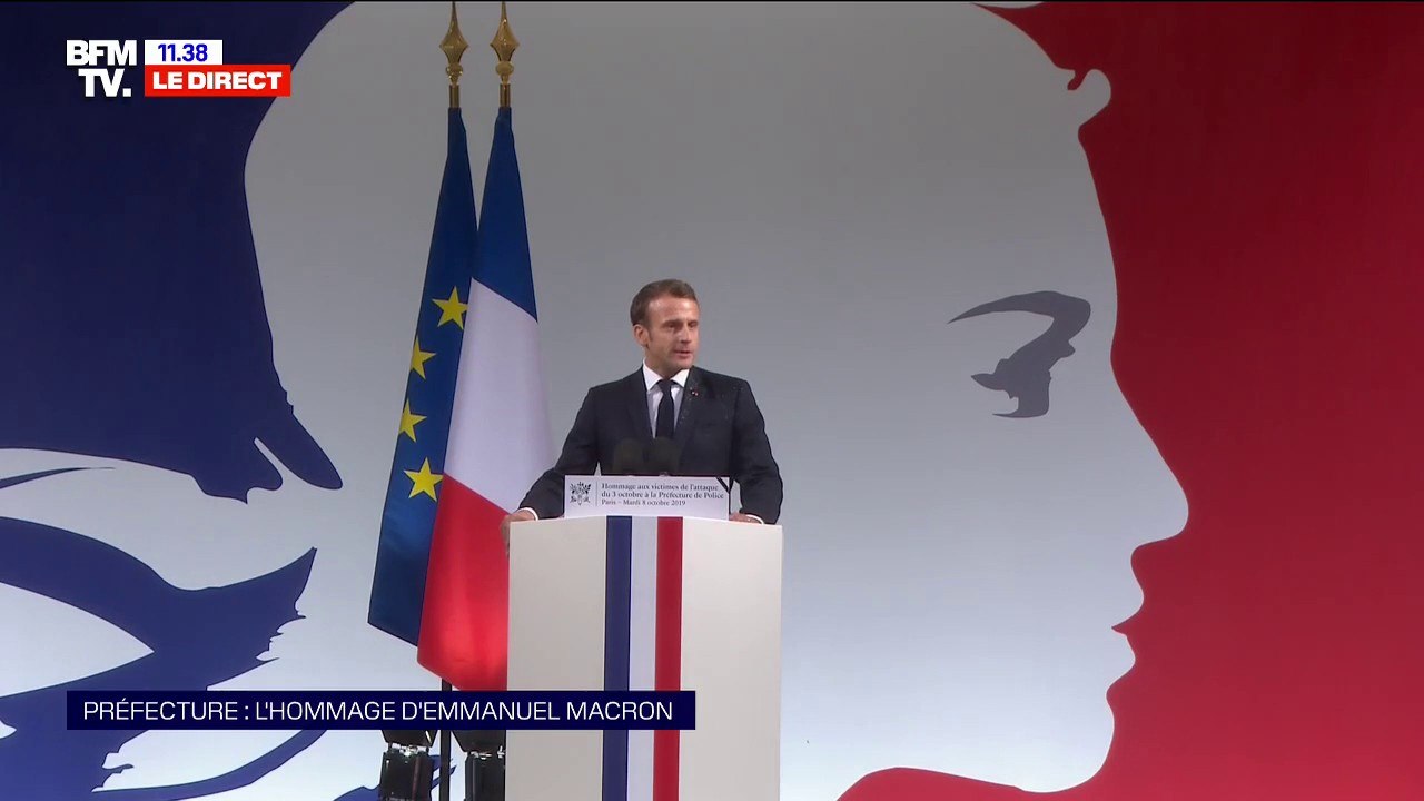 "Sept minutes ont suffit à plonger la préfecture de police de Paris, dans un des drames les plus douloureux de son histoire." Emmanuel Macron rend hommage aux victimes de l'attaque au couteau
