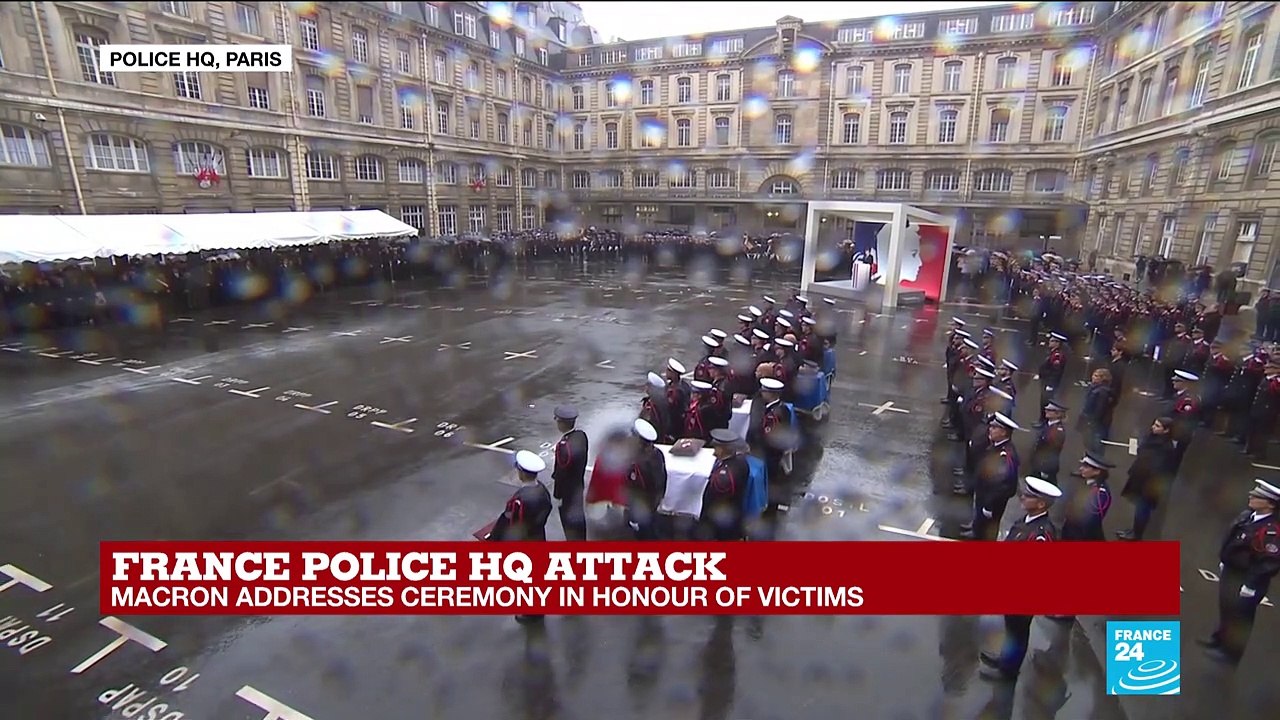 France police HQ attack: French president Emmanuel Macron pays tribute to the victims