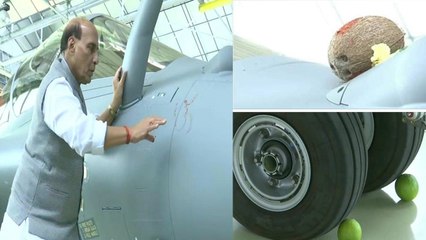 Rajnath Singh takes delivery of Rafale jet | டயருக்கு கீழே எலுமிச்சை, தேங்காய் பூஜை செய்த ராஜ்நாத்