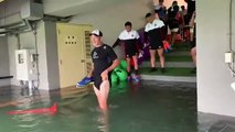 Rugby - Japans players had to wade through water to get to their captains run on Saturday as Typhoon Hagibis reached Yokohama