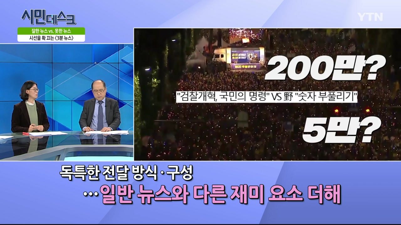 [10월 13일 시민데스크] 잘한 뉴스 vs. 못한 뉴스 - '3분 뉴스, 집회인원분석, 태풍, 대담이슈' 관련  / YTN