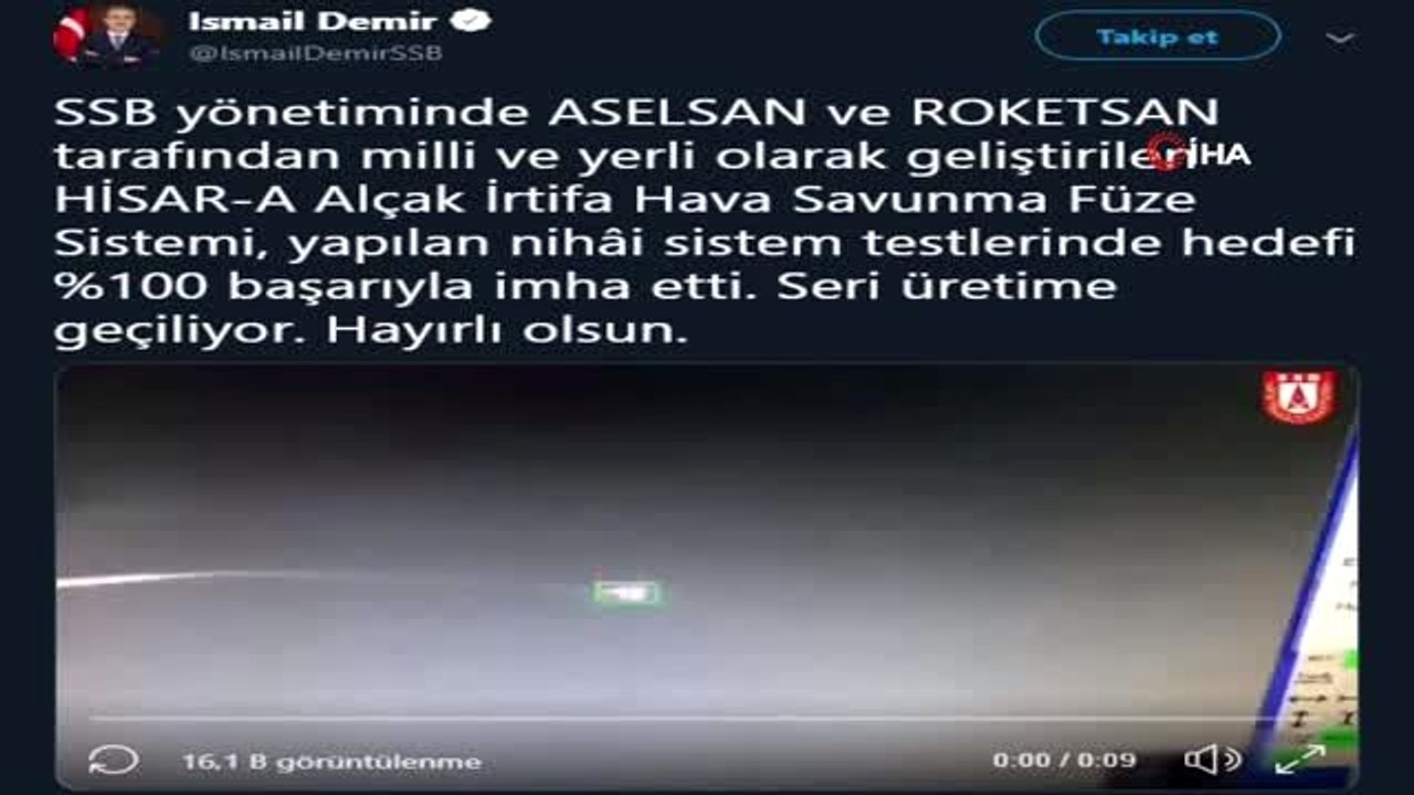 Savunma Sanayi Başkanı Demir: "HİSAR-A Alçak İrtifa Hava Savunma Füze Sistemi, yapılan nihai sistem...