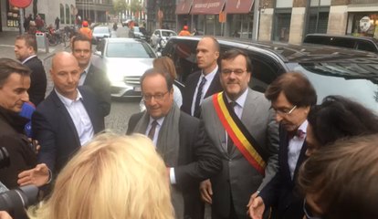 François Hollande à Liège, avec Willy Demeyer et Elio Di Rupo
