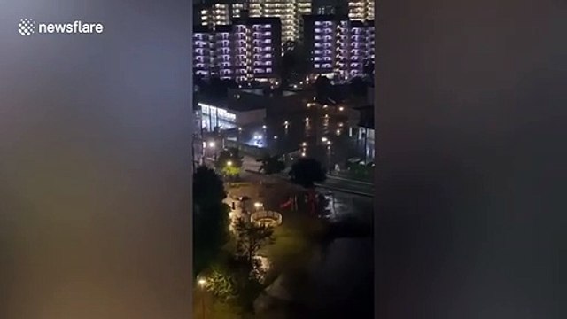 Man seen on swing in Tokyo as Typhoon Hagibis hits Japan