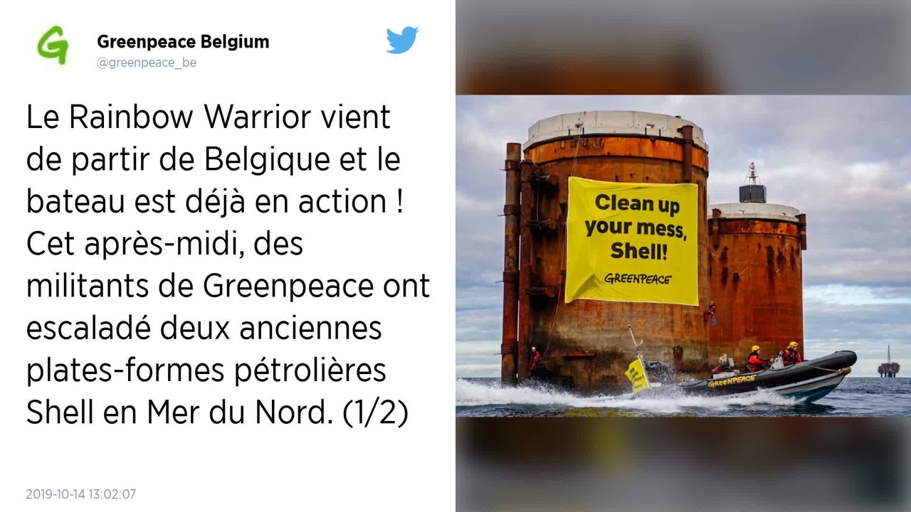 Greenpeace installe des bannières géantes sur deux plateformes Shell en mer du Nord