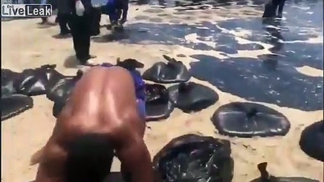 Nettoyage d'une marée noire sur une plage au Brésil