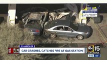 Car crashes, catches fire at gas station in Chandler