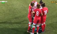 Women’s footballers rush to shield a rival player from male spectators’ gazes when her hijab is ripped