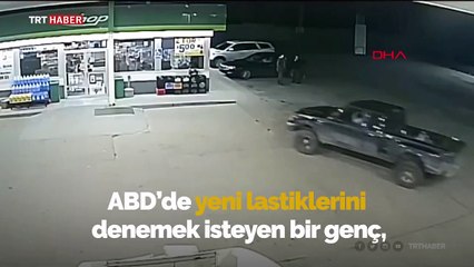 Aracının yeni lastiklerini denemek isterken markete daldı