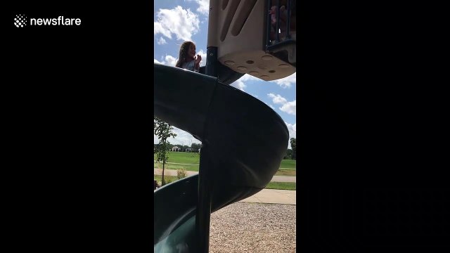 Playful pitbull loves sliding down park slide in Michigan with his 'human sister'