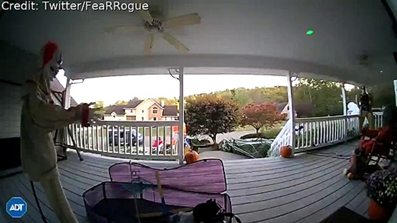 Halloween Decorations Startle Delivery Dude on Deck