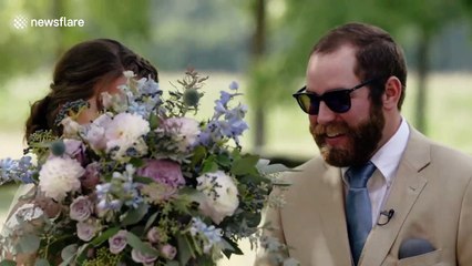 Emotional moment colorblind groom gifted corrective lenses by bride on their wedding day