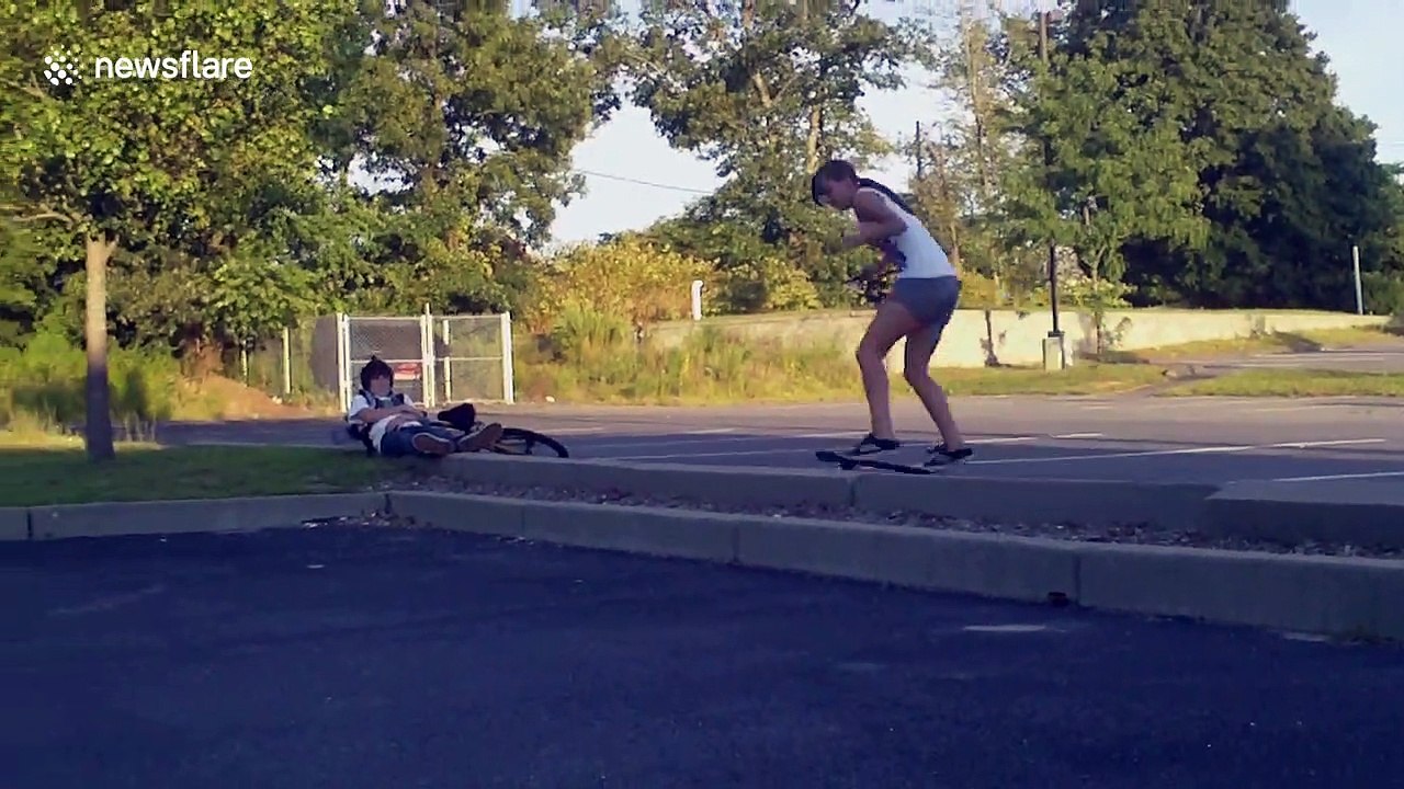 Ouch! Hilarious yet painful moment girl hits her crotch with the skateboard