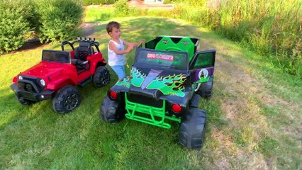 MONSTER TRUCK GRAVE DIGGER RIDE ON TOY 24V vs RED JEEP RIDE ON TOY 12V