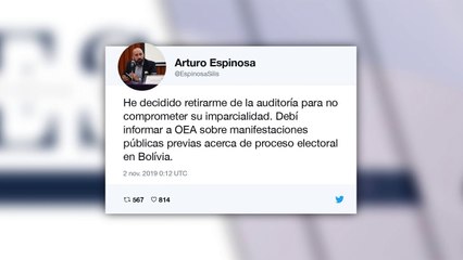 Jefe de la misión de OEA que audita elecciones de Bolivia renuncia