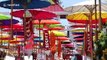 Buddhist temple decorated with hundreds of colourful umbrellas to honour water goddess