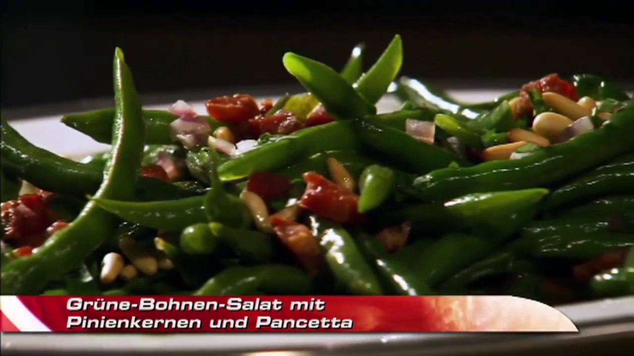 Bohnensalat mit Pinienkernen und Pancetta