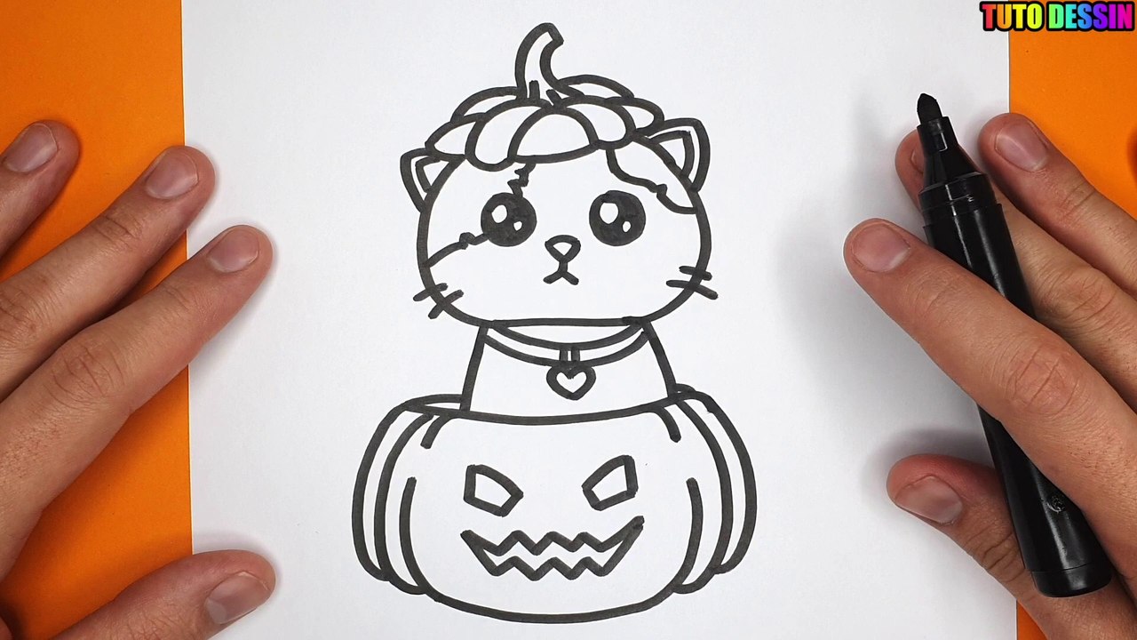 Comment dessiner un CHAT kawaii dans une CITROUILLE d'HALLOWEEN, image size:1280x720
