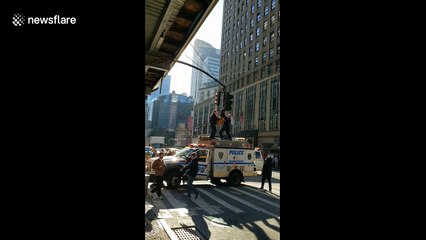 New York City police remove man sitting on top of traffic lights
