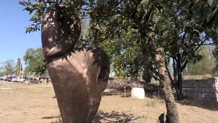 Tarım aletlerinden heykeller yapıyor