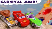 Hot Wheels Jump Racing Challenge with Disney Pixar Cars 3 Lightning McQueen vs Toy Story 4 Ducky and Bunny and Spongebob Squarepants in this Full Episode English