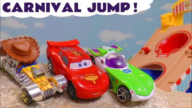 Hot Wheels Jump Racing Challenge with Disney Pixar Cars 3 Lightning McQueen vs Toy Story 4 Ducky and Bunny and Spongebob Squarepants in this Full Episode English