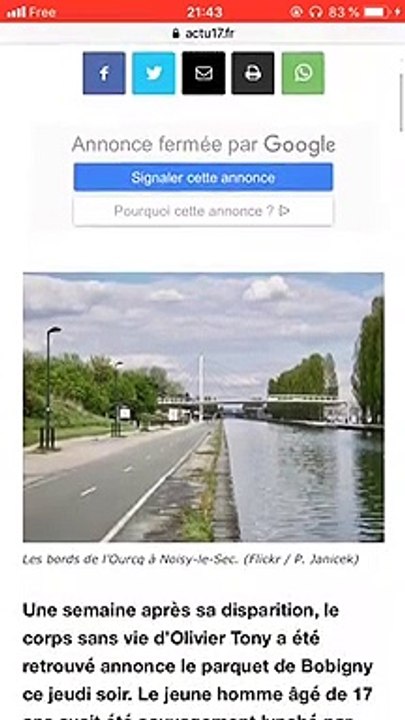 Le corps du jeune homme de 17 ans dont le lynchage a été diffusé sur internet à été retrouvé hier sur les berges du canal de l'Ourcq à Noisy-le-Sec