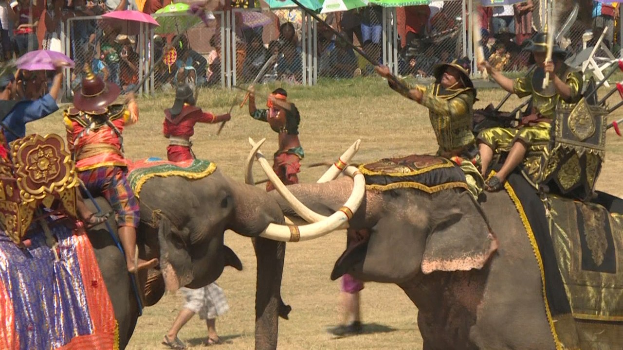 Elephants re-enact battle at an annual festival in Thailand