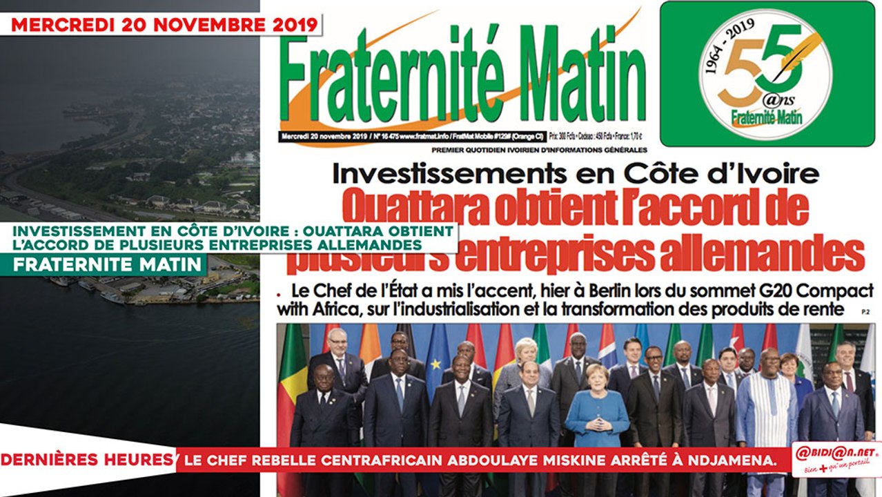 Le Titrologue du 20 Novembre 2019 : Investissement en Côte d’Ivoire - Ouattara obtient l’accord de plusieurs entreprises allemandes